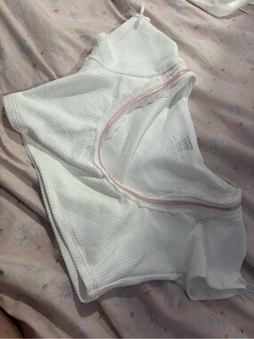 Frankie's Bikinis White Ribbed Top with Pink Trim